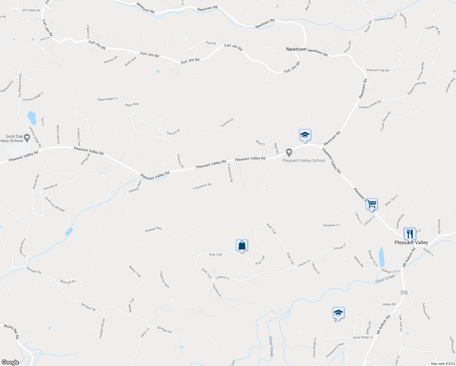 map of restaurants, bars, coffee shops, grocery stores, and more near 4300 4 Seasons Road in Placerville