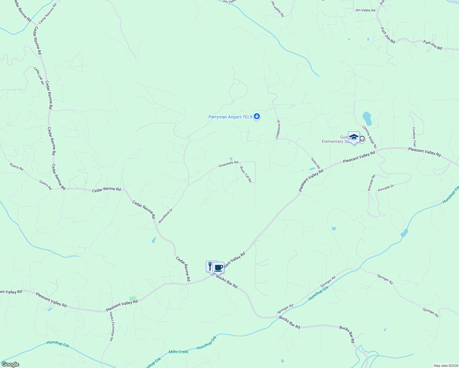 map of restaurants, bars, coffee shops, grocery stores, and more near 4771 Greenhills Rd in Placerville