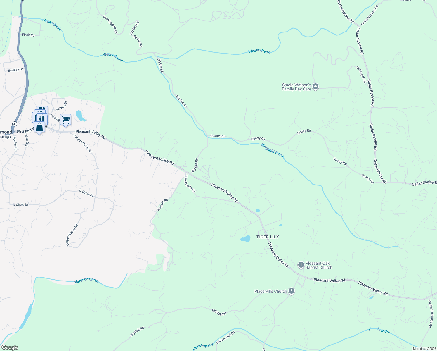 map of restaurants, bars, coffee shops, grocery stores, and more near 1321 Pleasant Valley Road in Diamond Springs