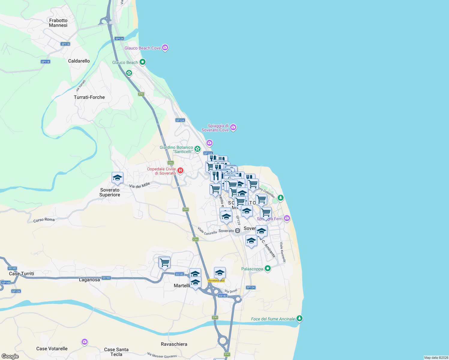 map of restaurants, bars, coffee shops, grocery stores, and more near 10 Via S. Maria in Soverato Marina