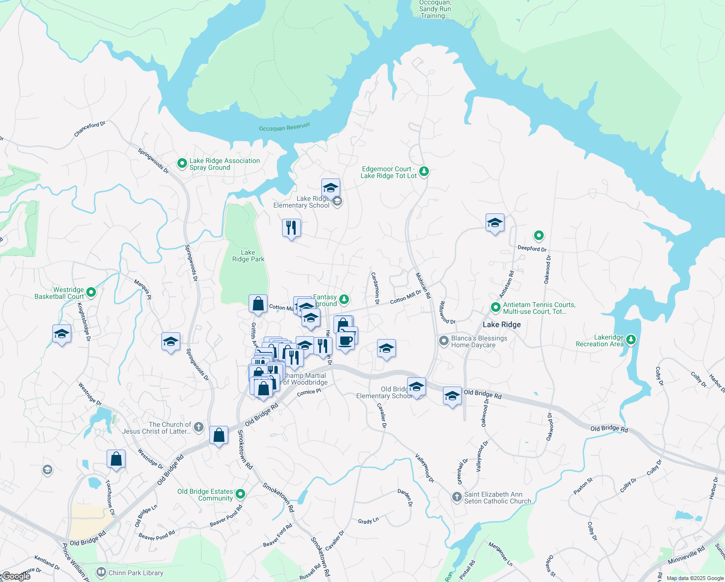 map of restaurants, bars, coffee shops, grocery stores, and more near 12136 Cardamom Drive in Woodbridge