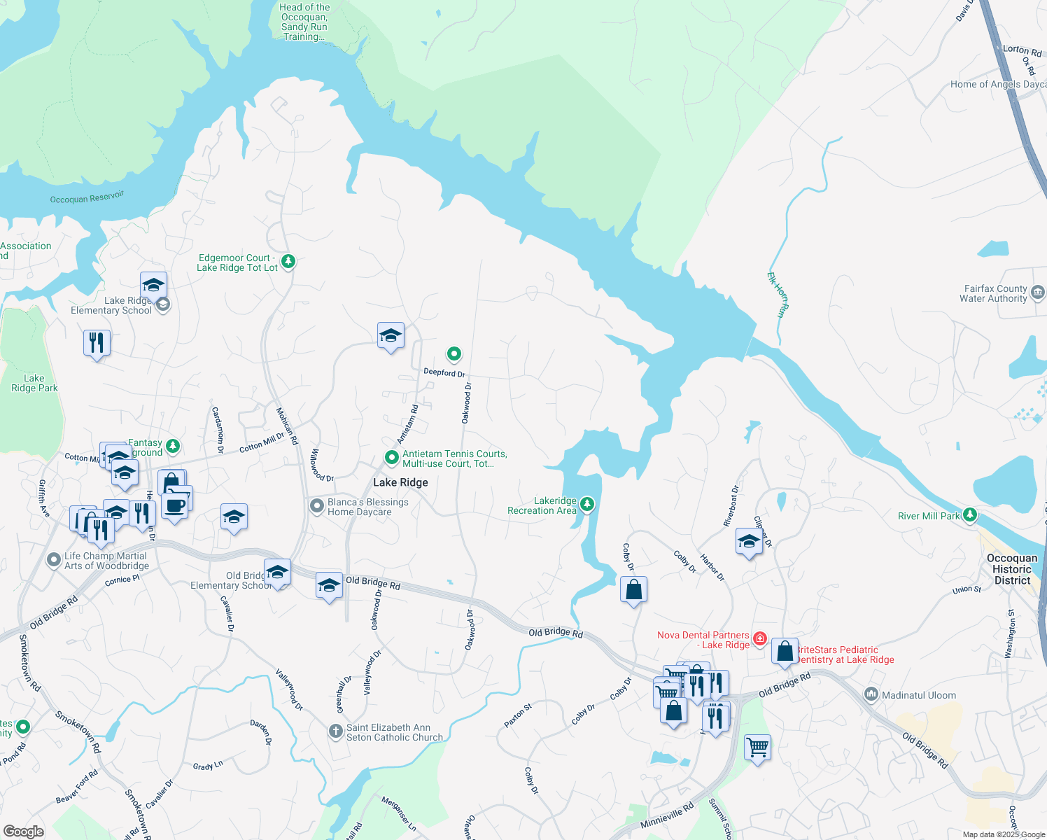 map of restaurants, bars, coffee shops, grocery stores, and more near 12017 William and Mary Cir in Woodbridge