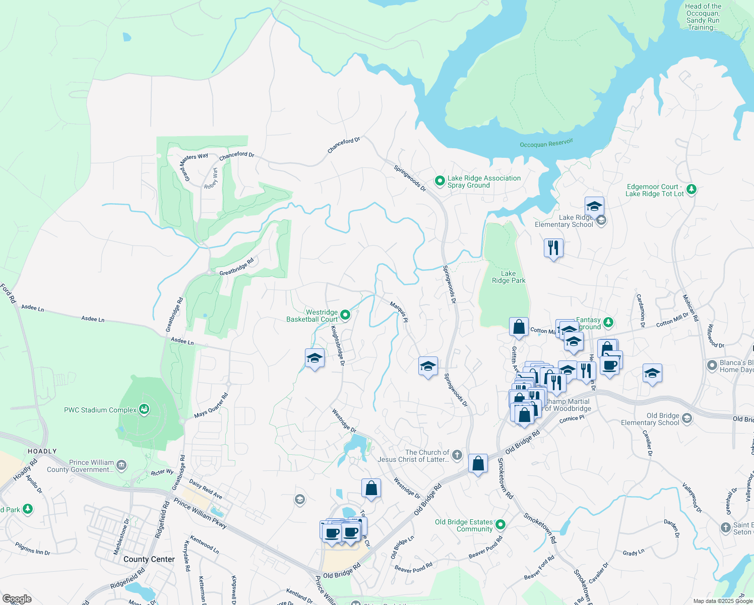 map of restaurants, bars, coffee shops, grocery stores, and more near 12610 Monarch Court in Woodbridge