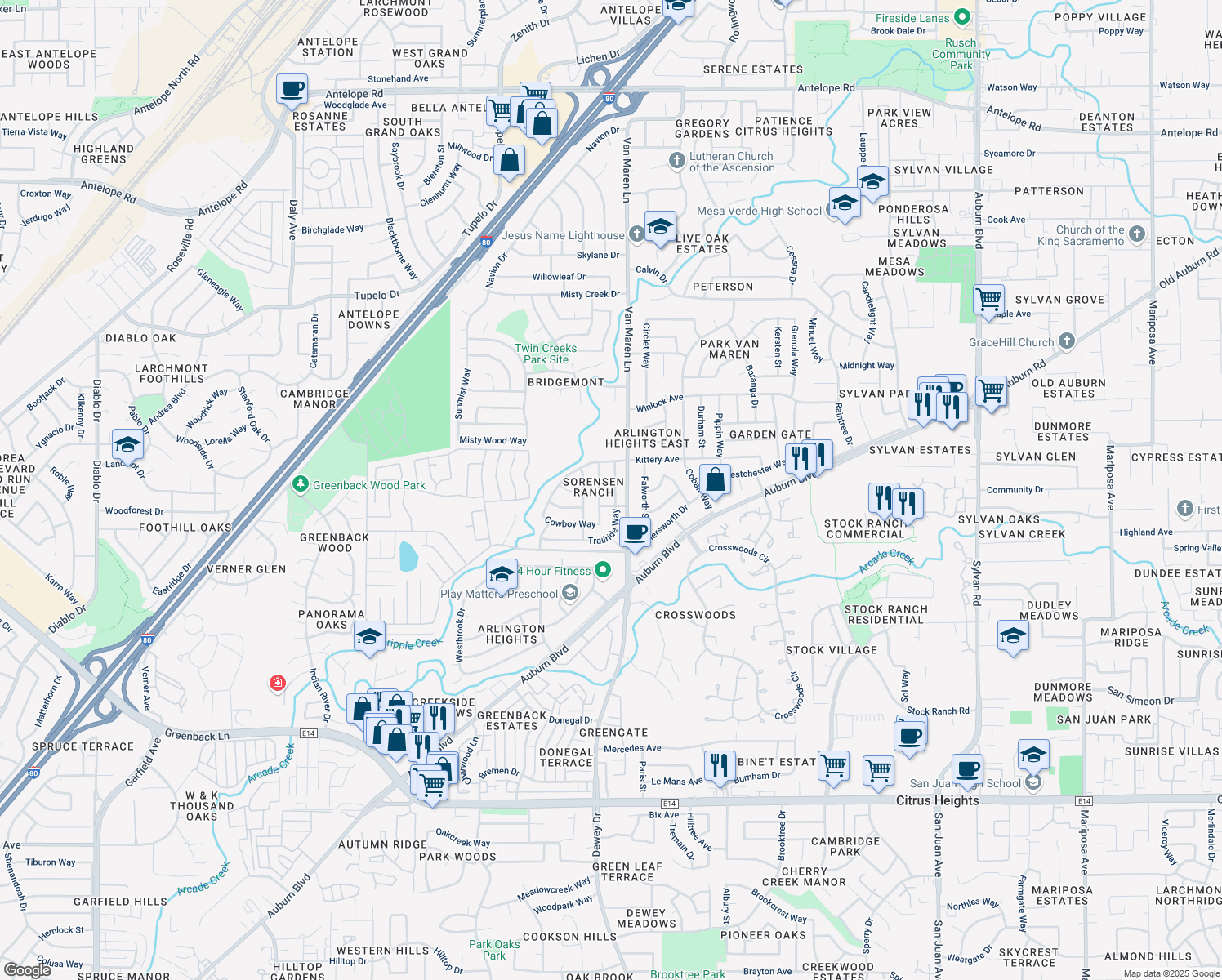 map of restaurants, bars, coffee shops, grocery stores, and more near 6917 Trailride Way in Citrus Heights
