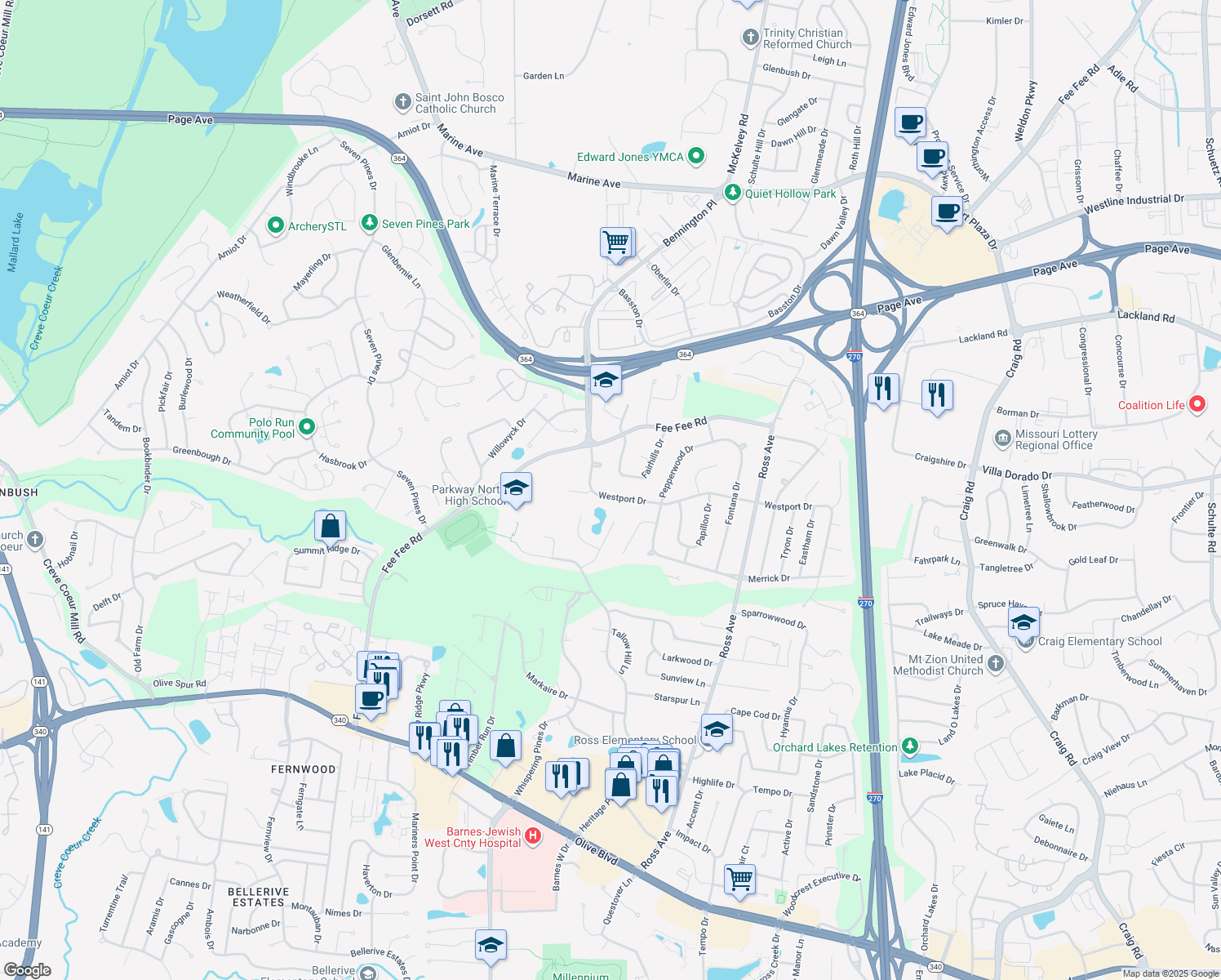 map of restaurants, bars, coffee shops, grocery stores, and more near 12645 Westport Dr in St Louis
