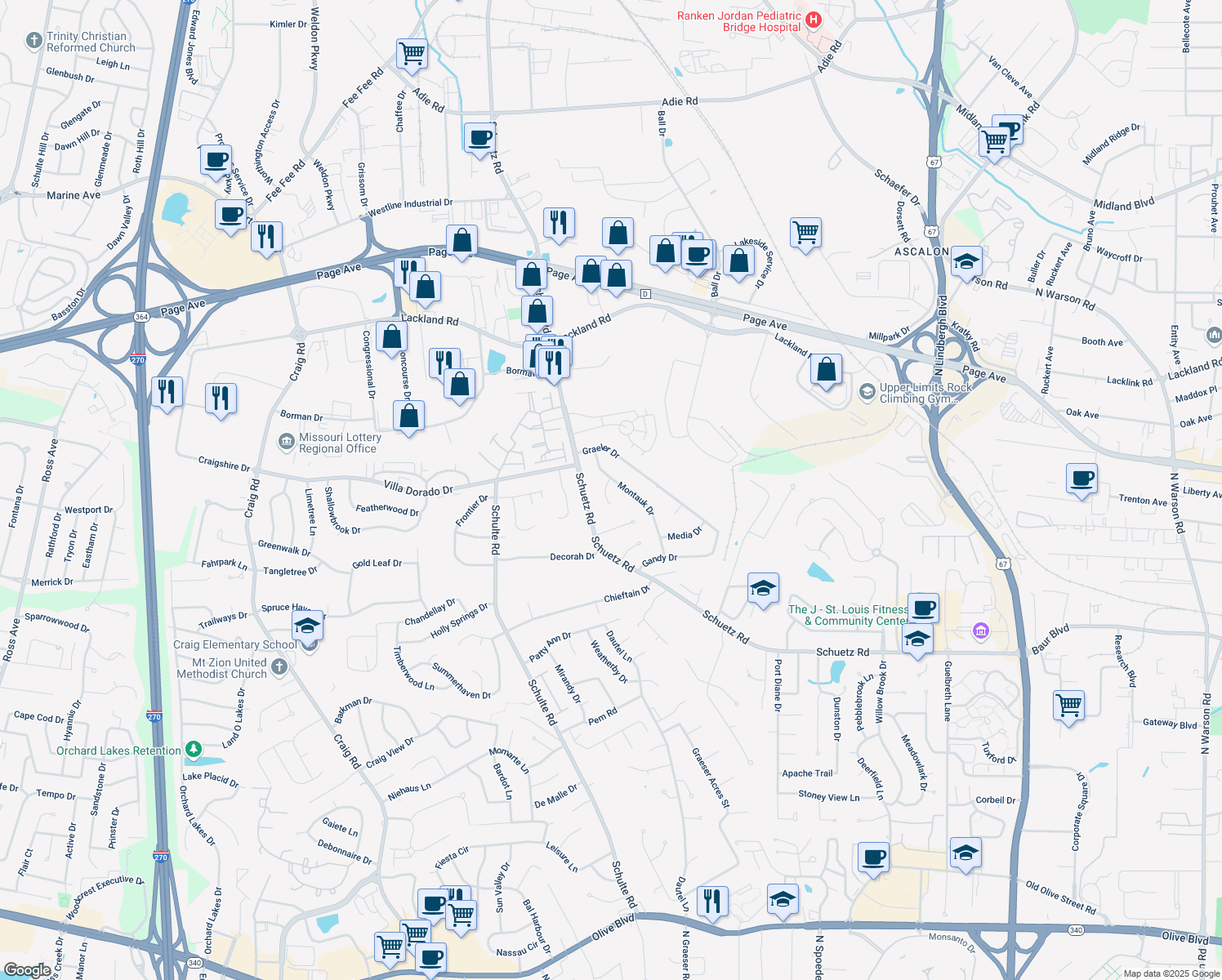 map of restaurants, bars, coffee shops, grocery stores, and more near 3 Montauk Court in Saint Louis