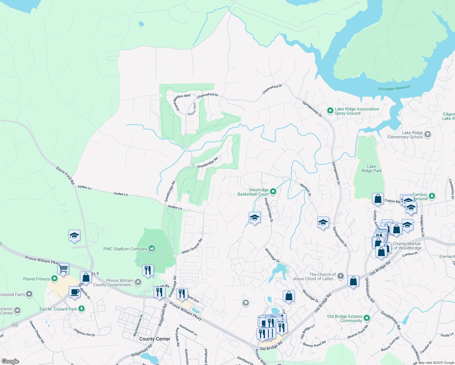 map of restaurants, bars, coffee shops, grocery stores, and more near 12306 Eliff Way in Woodbridge