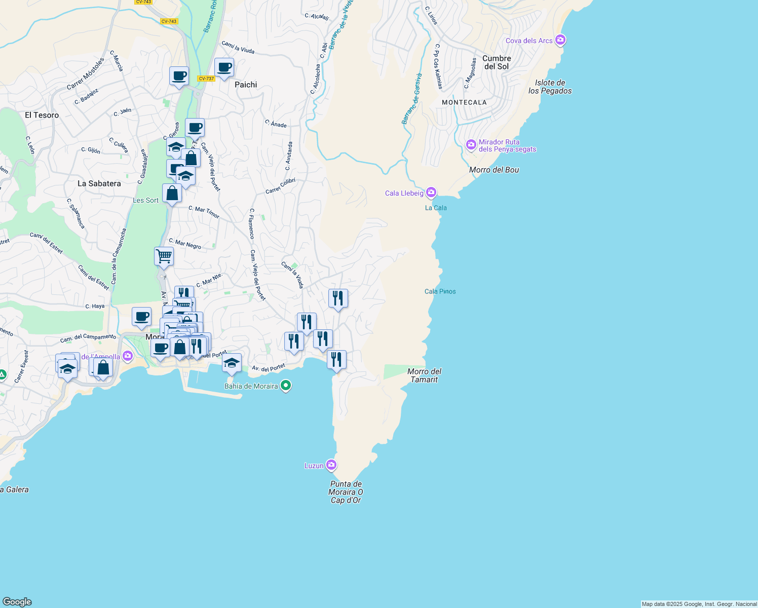 map of restaurants, bars, coffee shops, grocery stores, and more near 23 Calle Puerto de la Laja in Teulada