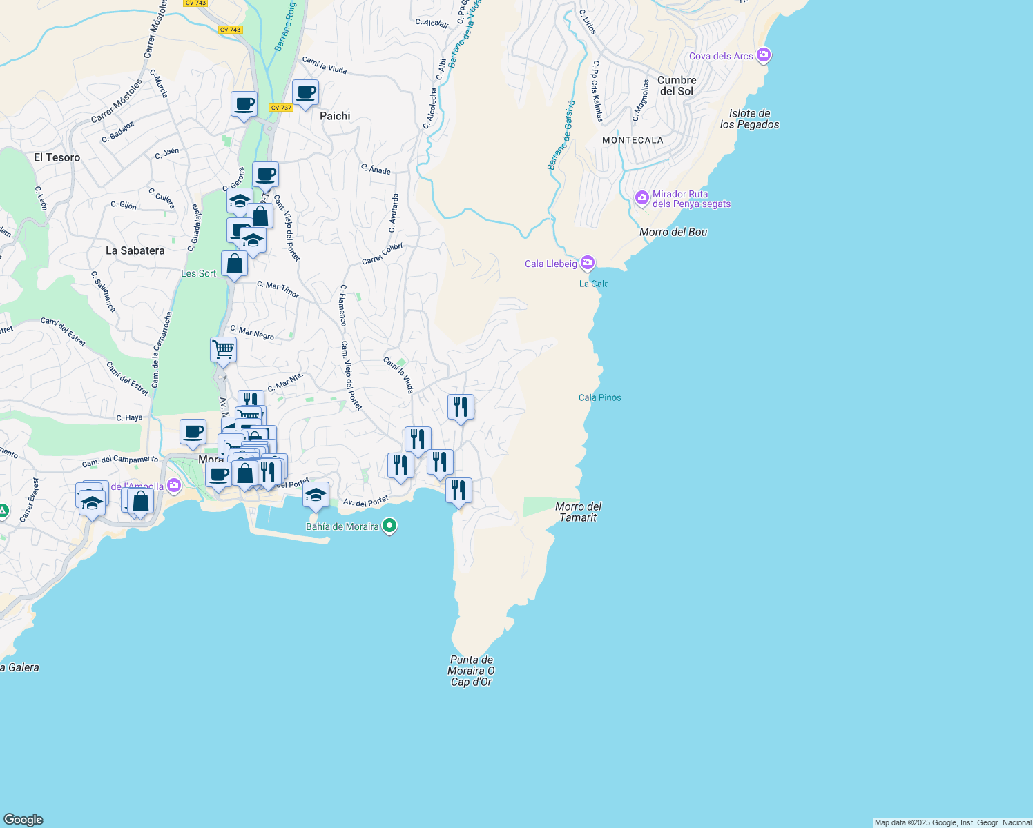 map of restaurants, bars, coffee shops, grocery stores, and more near 23 Calle Puerto de la Laja in Teulada