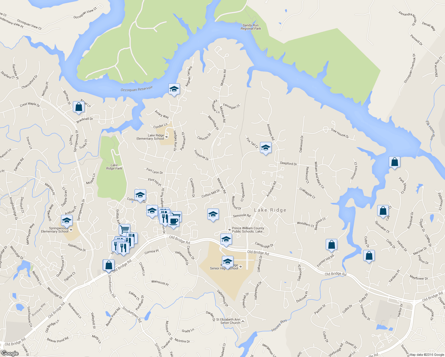 map of restaurants, bars, coffee shops, grocery stores, and more near 3087 Peachtree Ct in Woodbridge