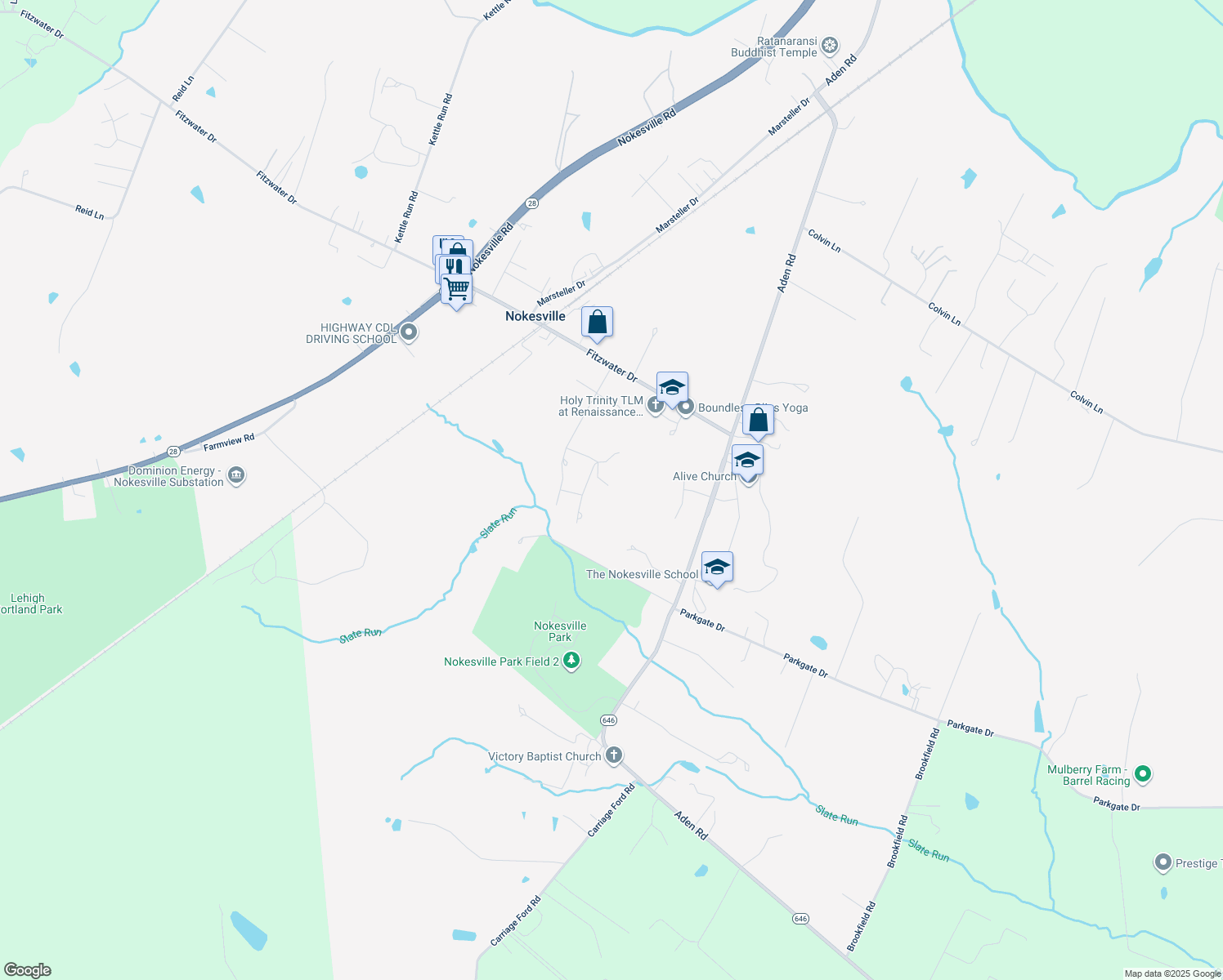 map of restaurants, bars, coffee shops, grocery stores, and more near 12079 Hooker Ln in Nokesville
