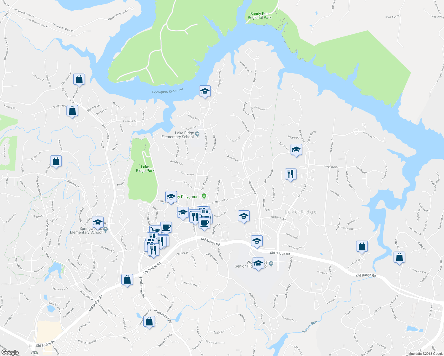 map of restaurants, bars, coffee shops, grocery stores, and more near 12038 Cardamom Drive in Woodbridge