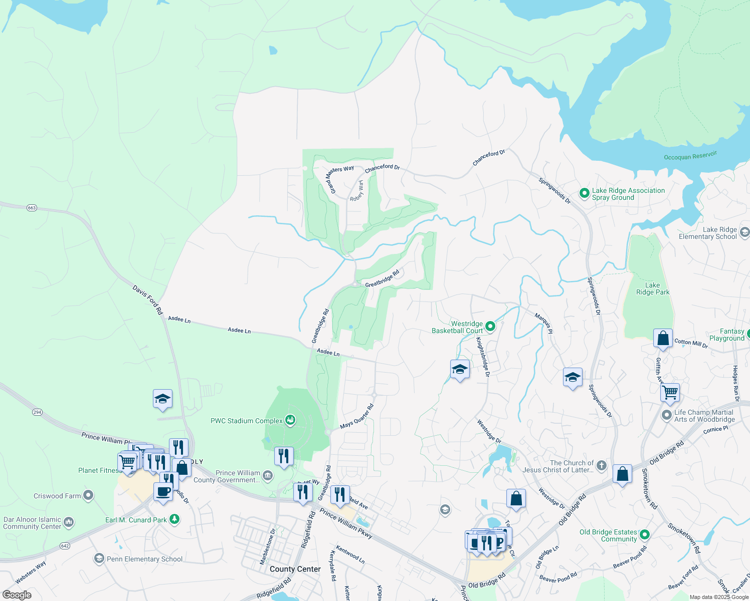 map of restaurants, bars, coffee shops, grocery stores, and more near 4517 Mosser Mill Court in Woodbridge