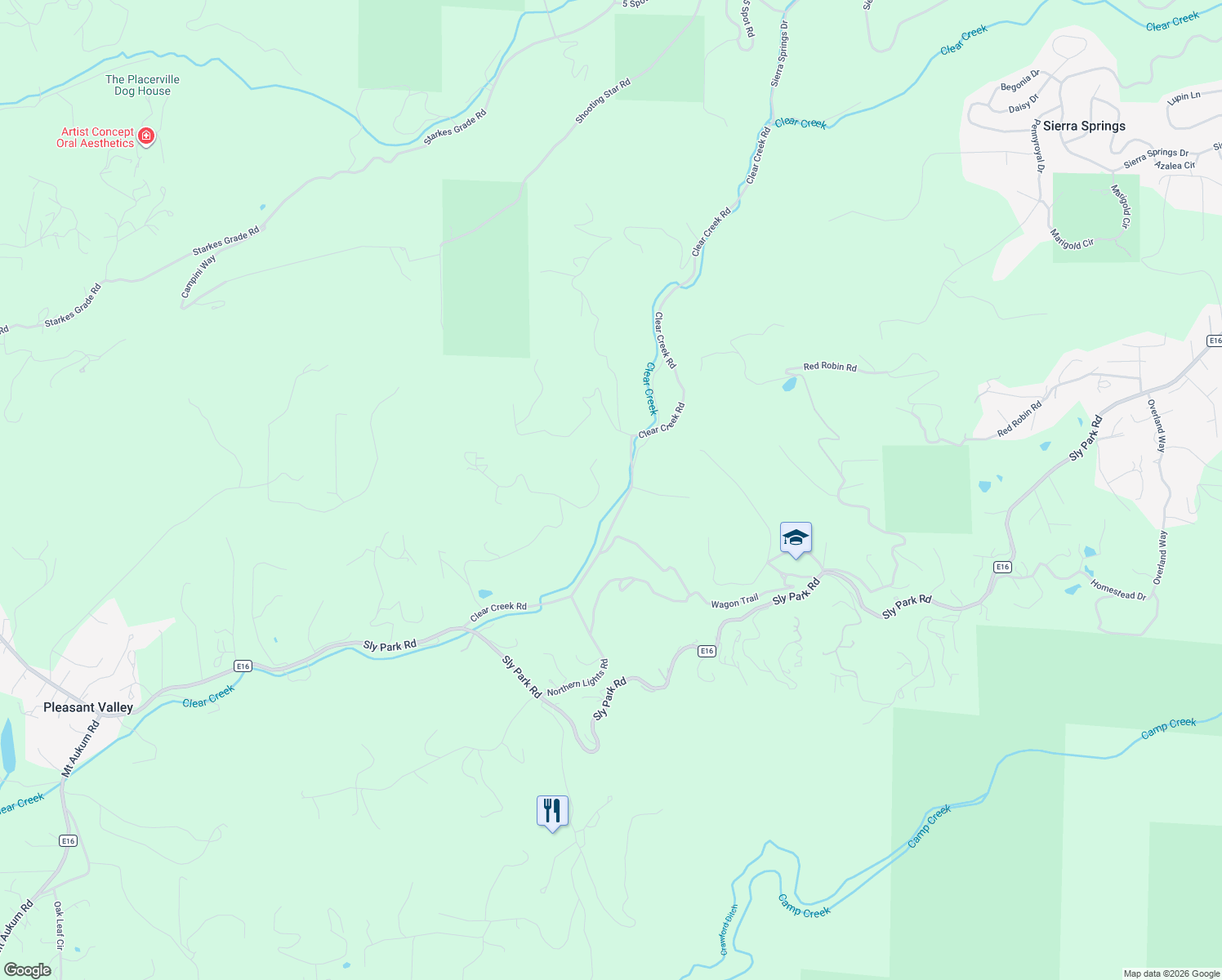 map of restaurants, bars, coffee shops, grocery stores, and more near 4599 Rivendale Road in Placerville