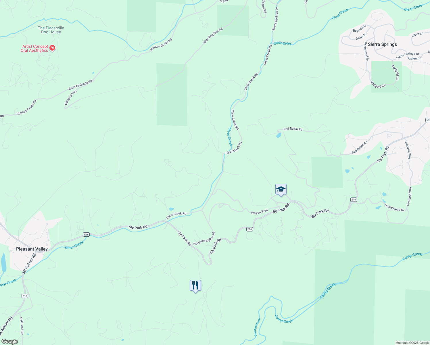 map of restaurants, bars, coffee shops, grocery stores, and more near 4599 Rivendale Road in Placerville