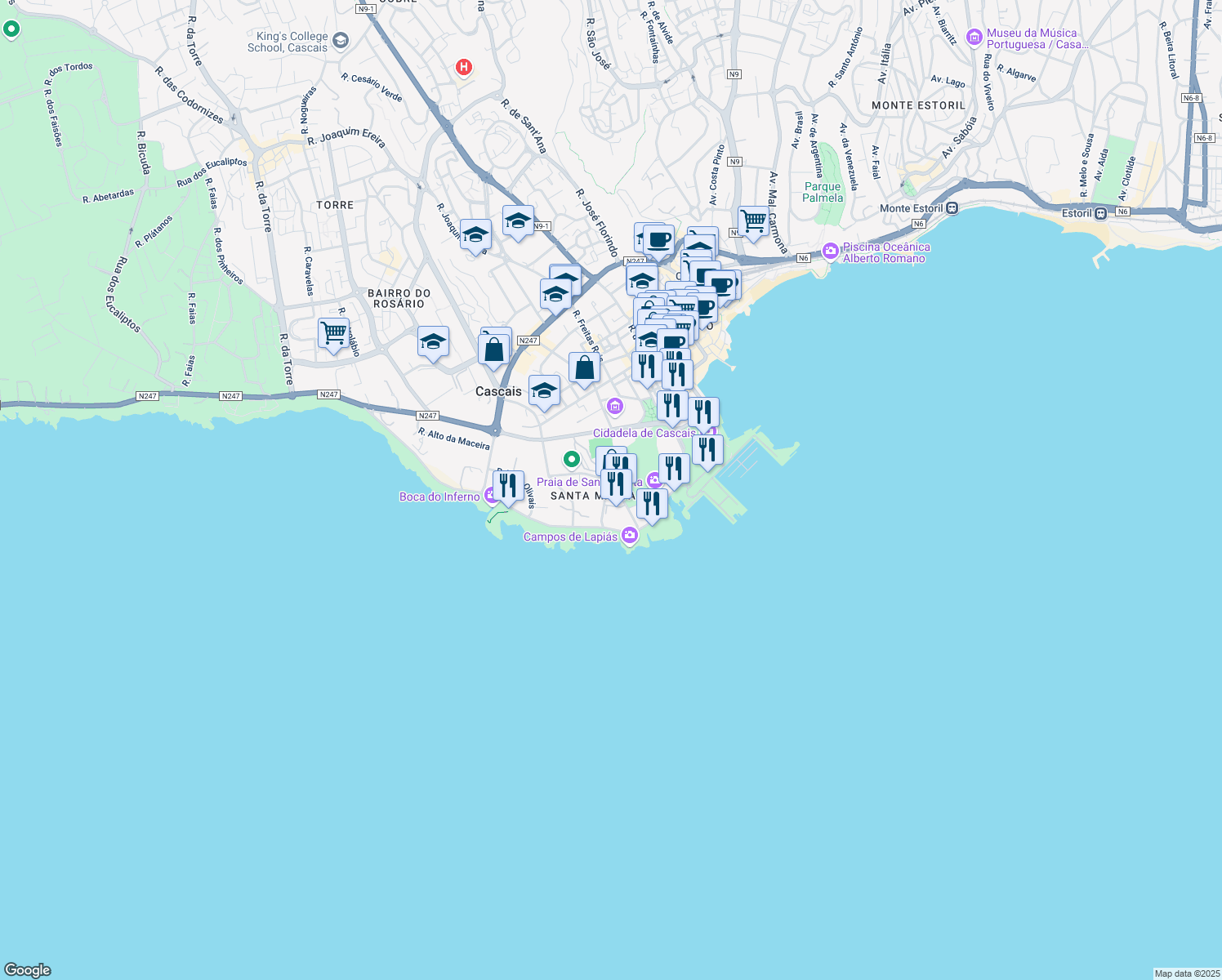 map of restaurants, bars, coffee shops, grocery stores, and more near 209 Rua Frei Nicolau de Oliveira in Cascais
