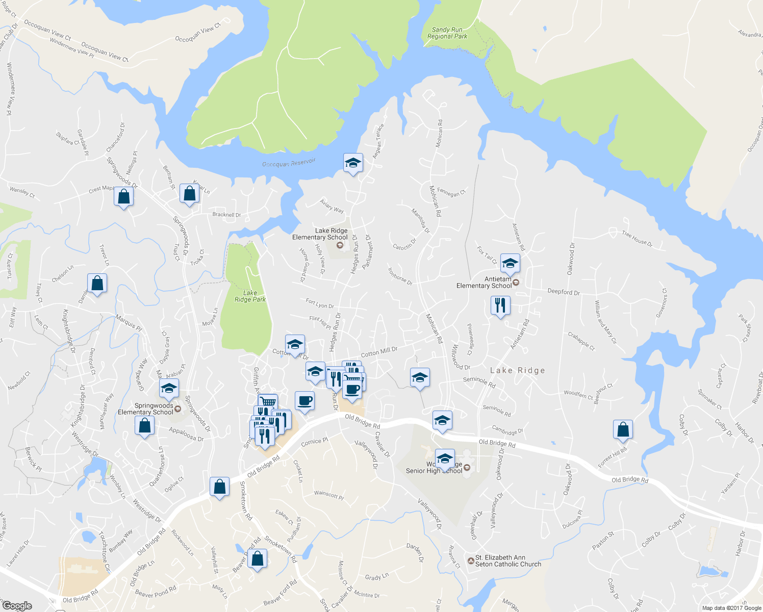map of restaurants, bars, coffee shops, grocery stores, and more near 12050 Cardamom Drive in Woodbridge