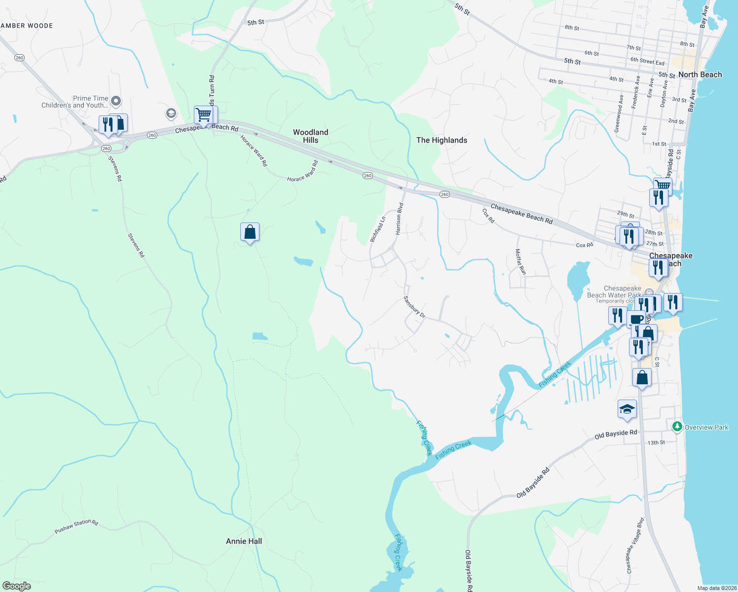 map of restaurants, bars, coffee shops, grocery stores, and more near 2441 Woodland Ct in Chesapeake Beach