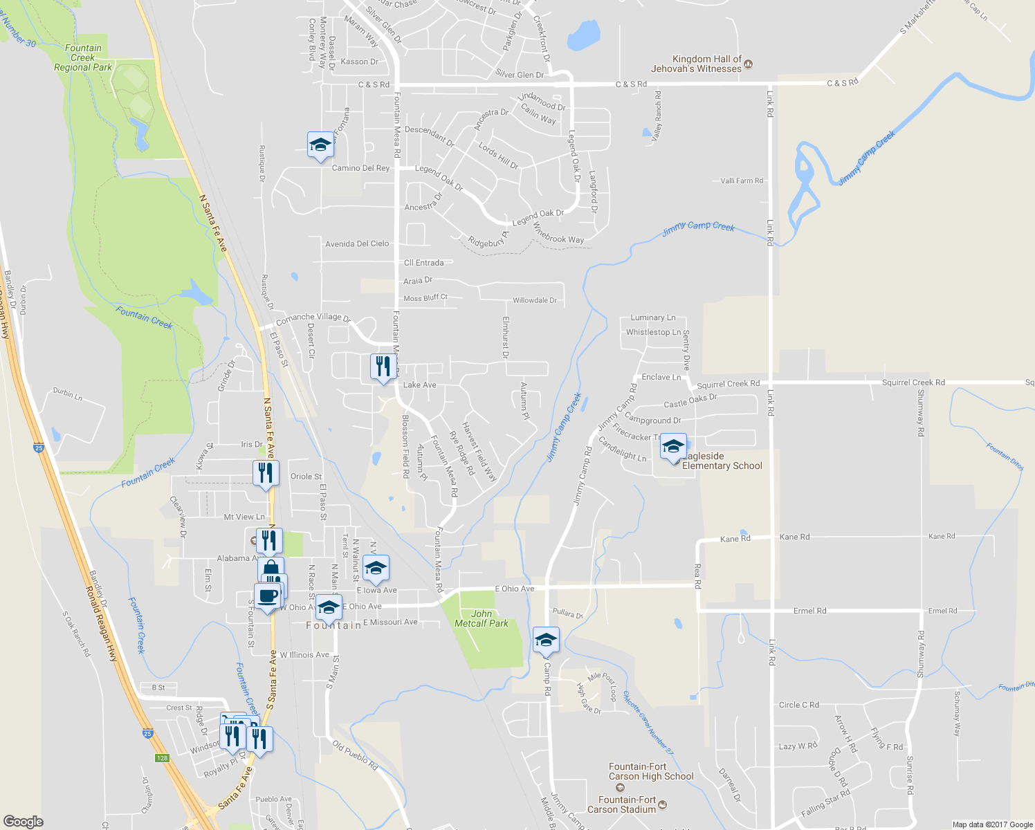 map of restaurants, bars, coffee shops, grocery stores, and more near 9589 Holton Court in Fountain