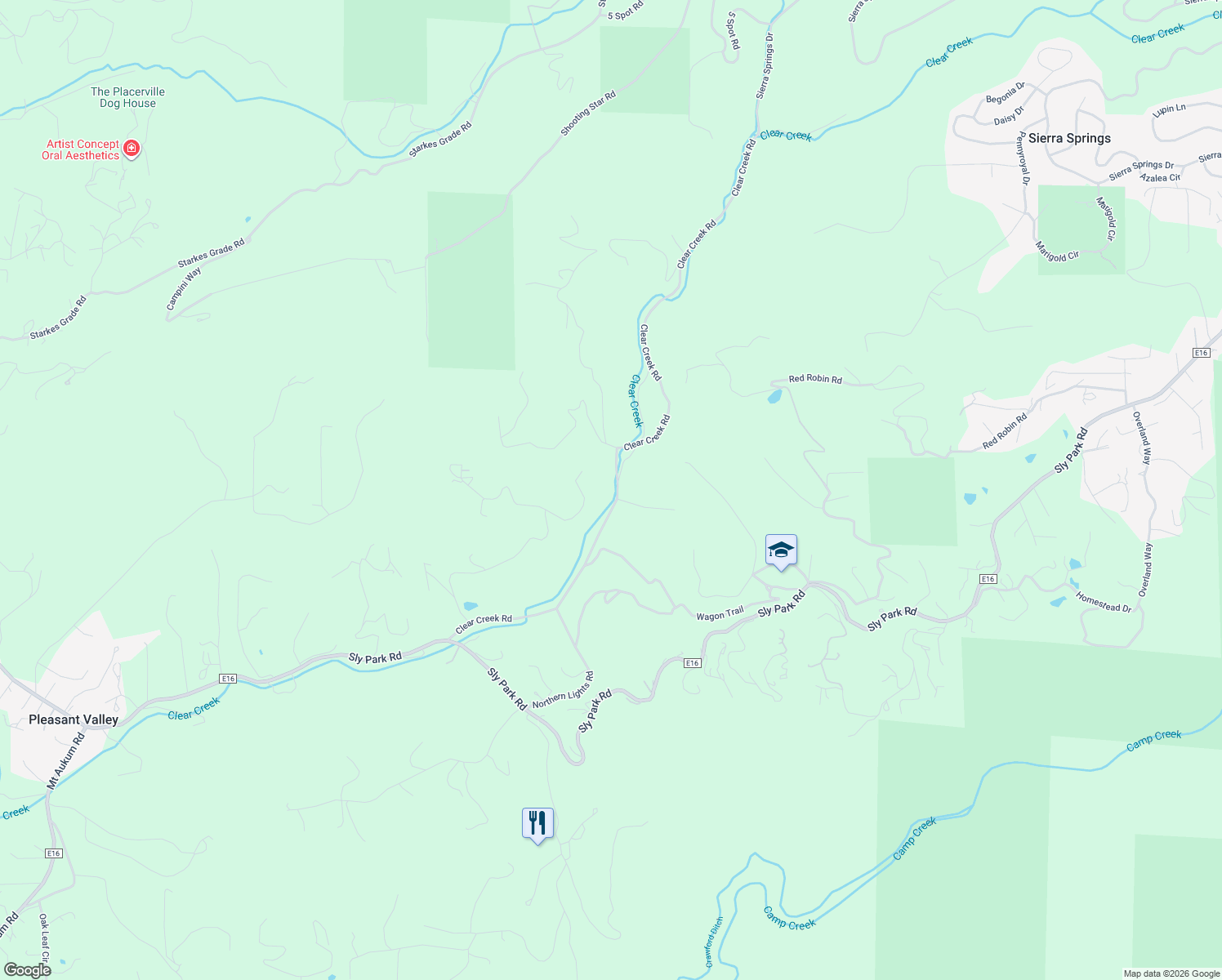 map of restaurants, bars, coffee shops, grocery stores, and more near 5101 Clear Creek Road in Placerville