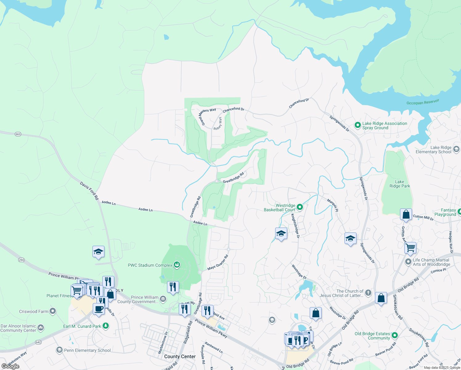 map of restaurants, bars, coffee shops, grocery stores, and more near 4505 Mosser Mill Ct in Woodbridge