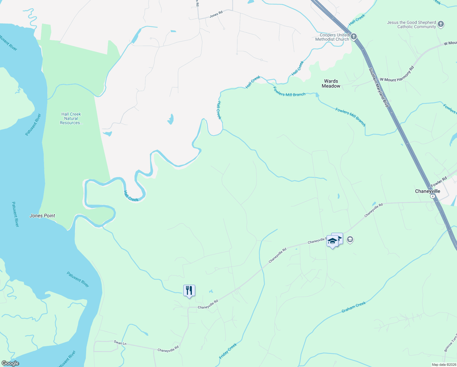 map of restaurants, bars, coffee shops, grocery stores, and more near 3342 Hall Creek Lane in Owings