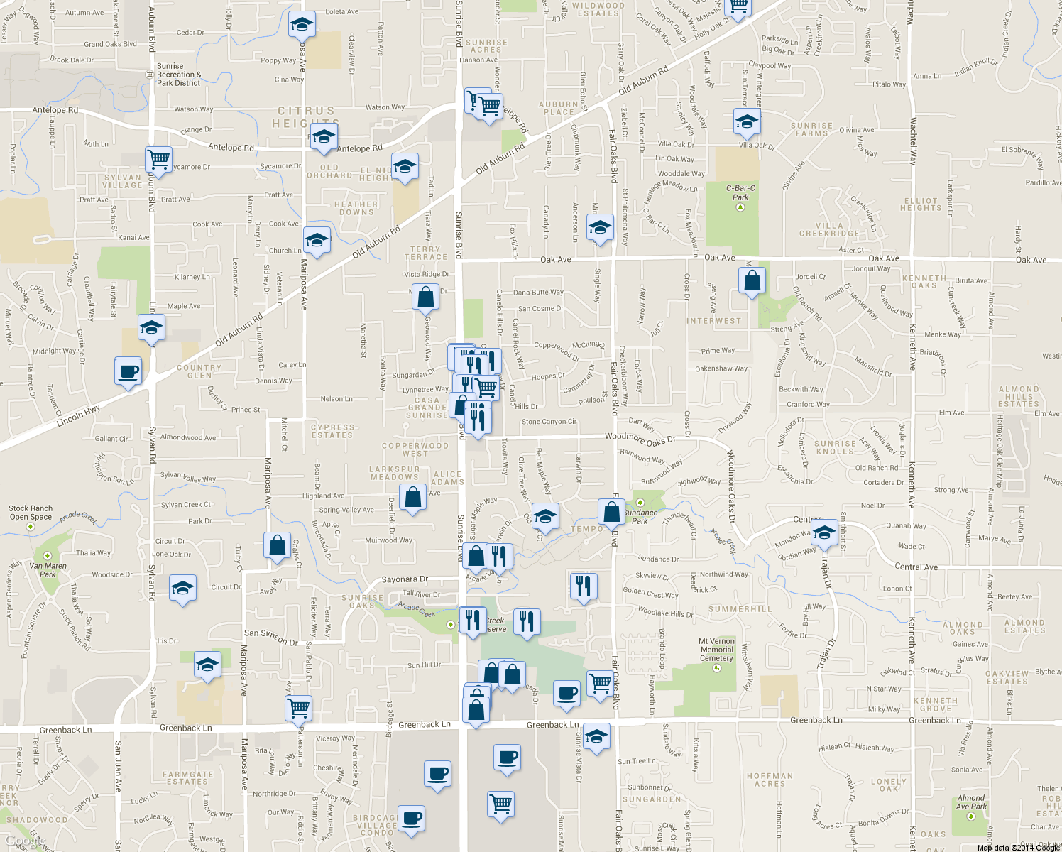 map of restaurants, bars, coffee shops, grocery stores, and more near 7990 Stone Canyon Circle in Citrus Heights