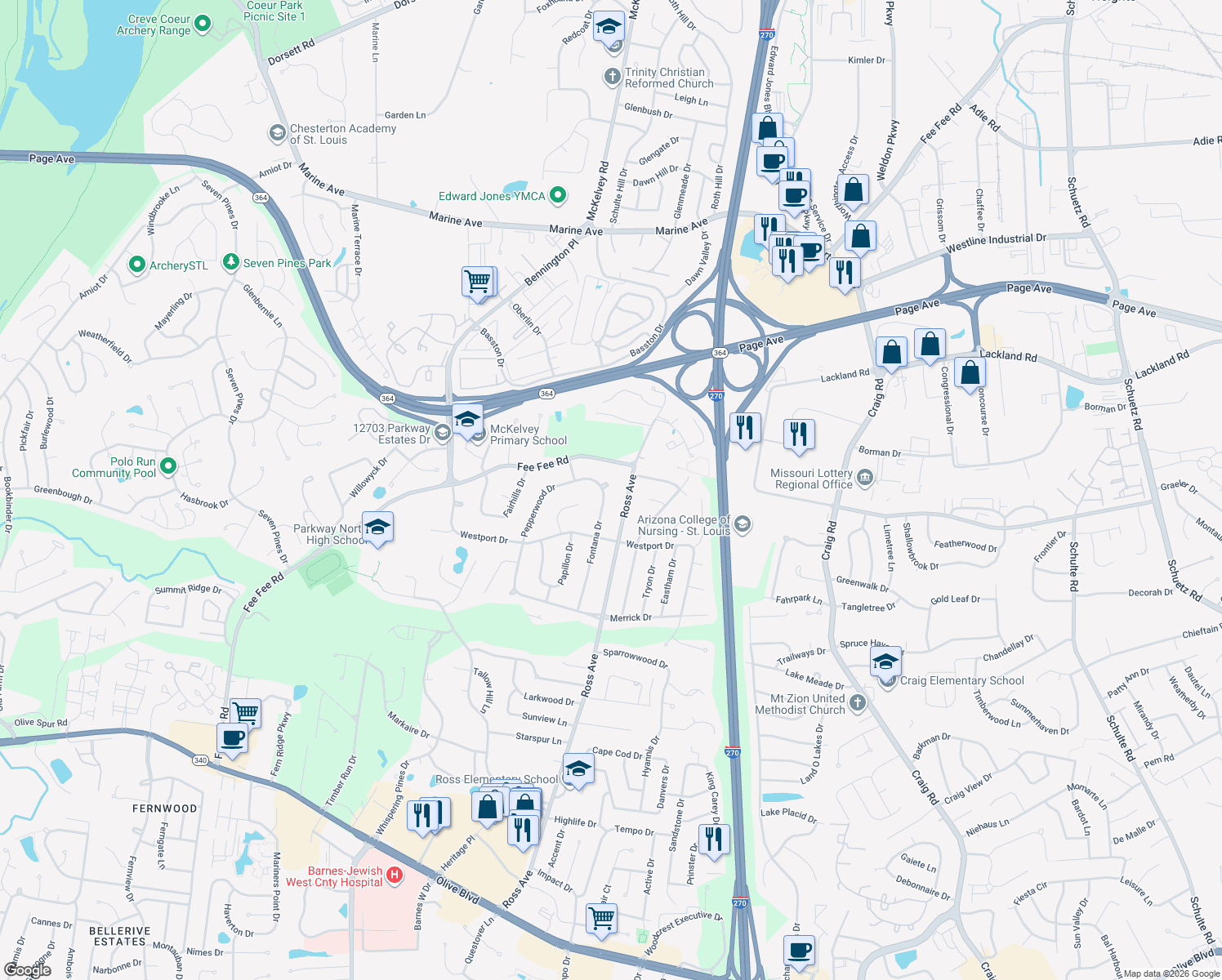 map of restaurants, bars, coffee shops, grocery stores, and more near 1650 Fontana Drive in Saint Louis