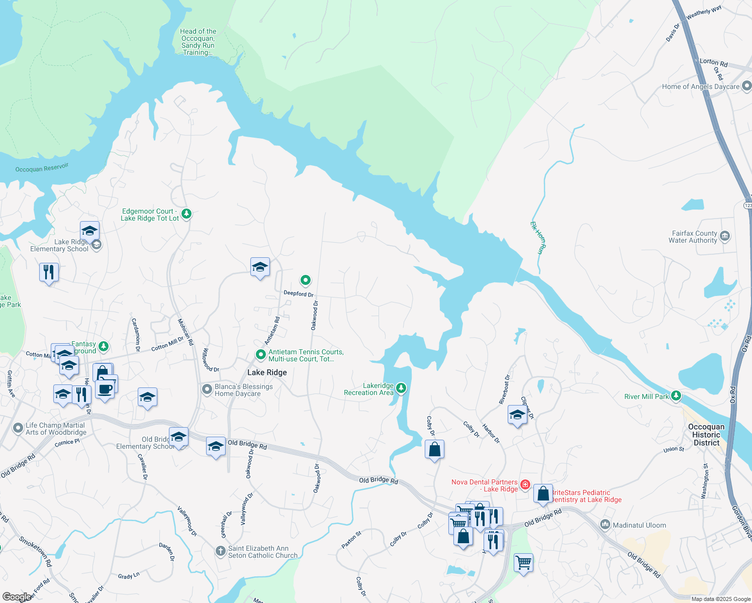 map of restaurants, bars, coffee shops, grocery stores, and more near 2600 Deepford Drive in Woodbridge