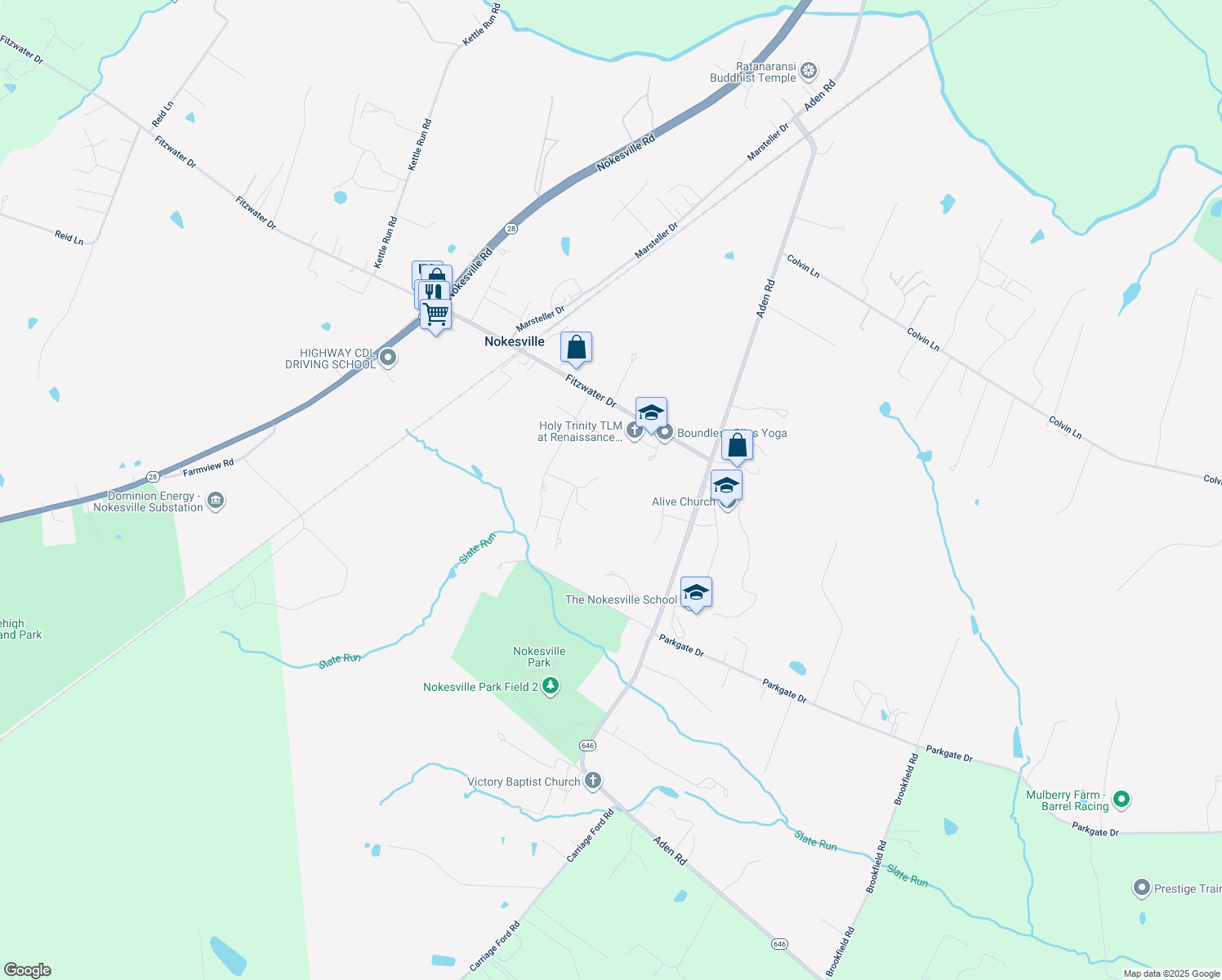 map of restaurants, bars, coffee shops, grocery stores, and more near 12069 Hooker Ln in Nokesville