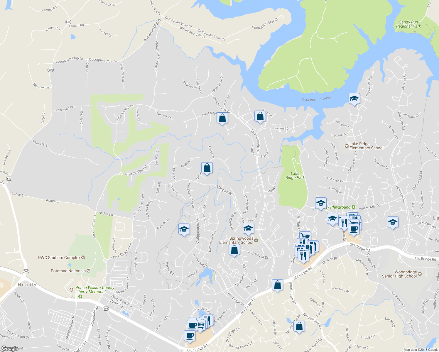 map of restaurants, bars, coffee shops, grocery stores, and more near 3980 Pepperidge Court in Woodbridge