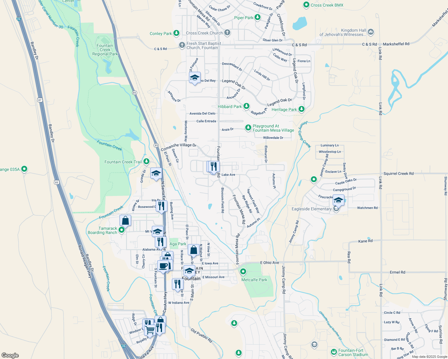 map of restaurants, bars, coffee shops, grocery stores, and more near 709 Blossom Field Road in Fountain