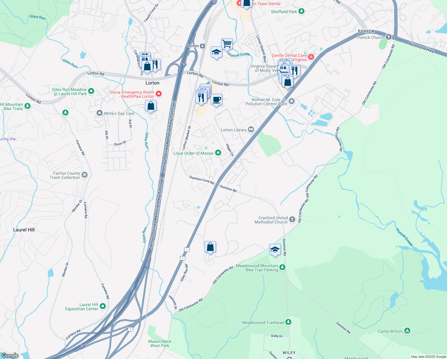 map of restaurants, bars, coffee shops, grocery stores, and more near 7891 Cranford Farm Circle in Lorton