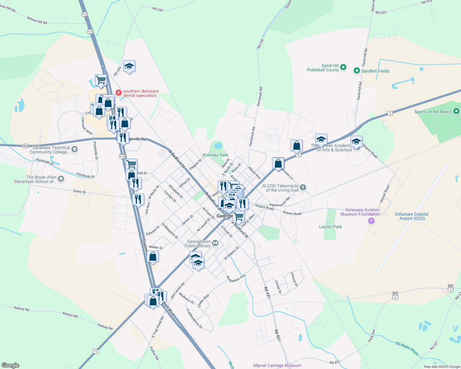 map of restaurants, bars, coffee shops, grocery stores, and more near North Railroad Avenue in Georgetown