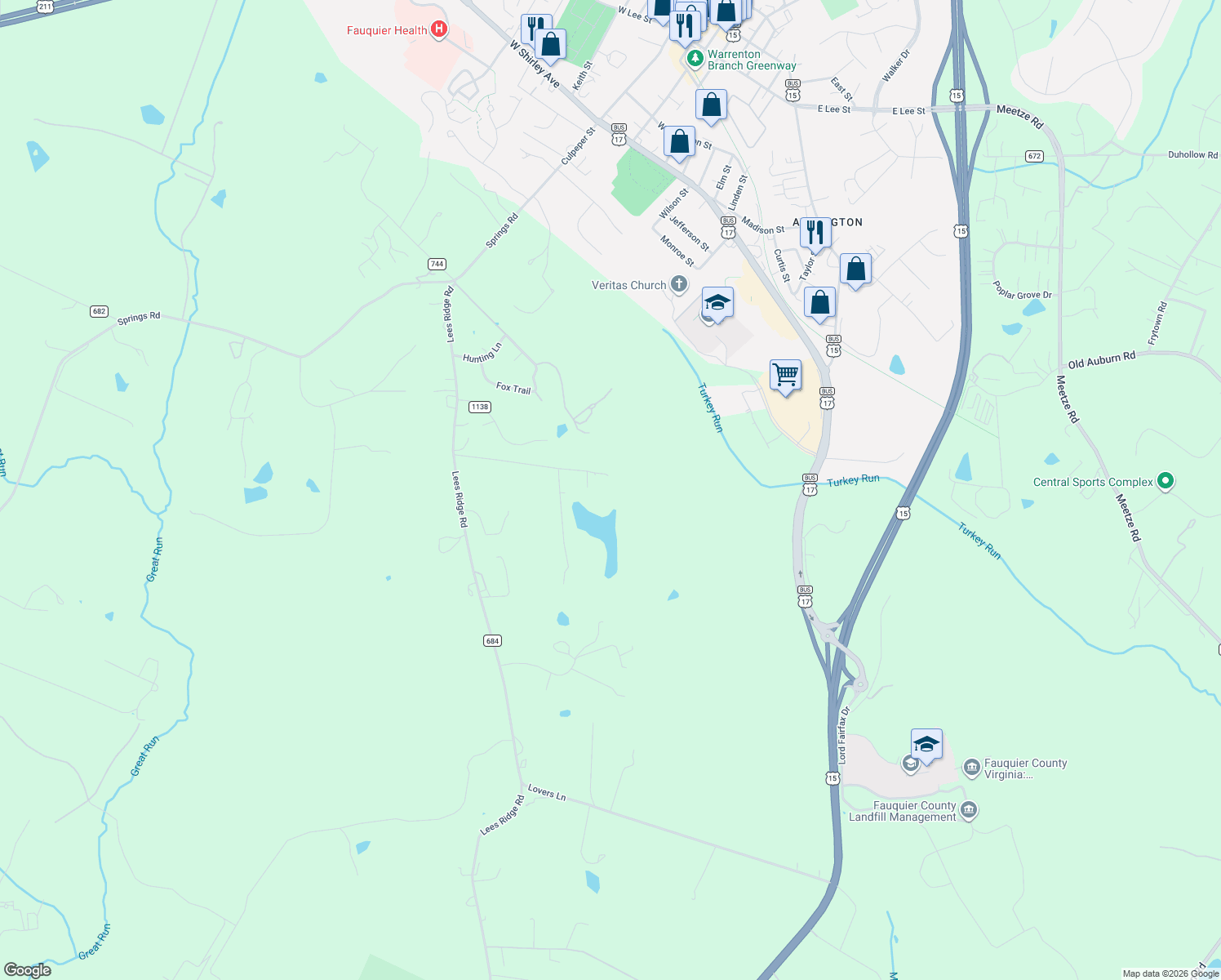 map of restaurants, bars, coffee shops, grocery stores, and more near 7116 Leeton Ct in Warrenton