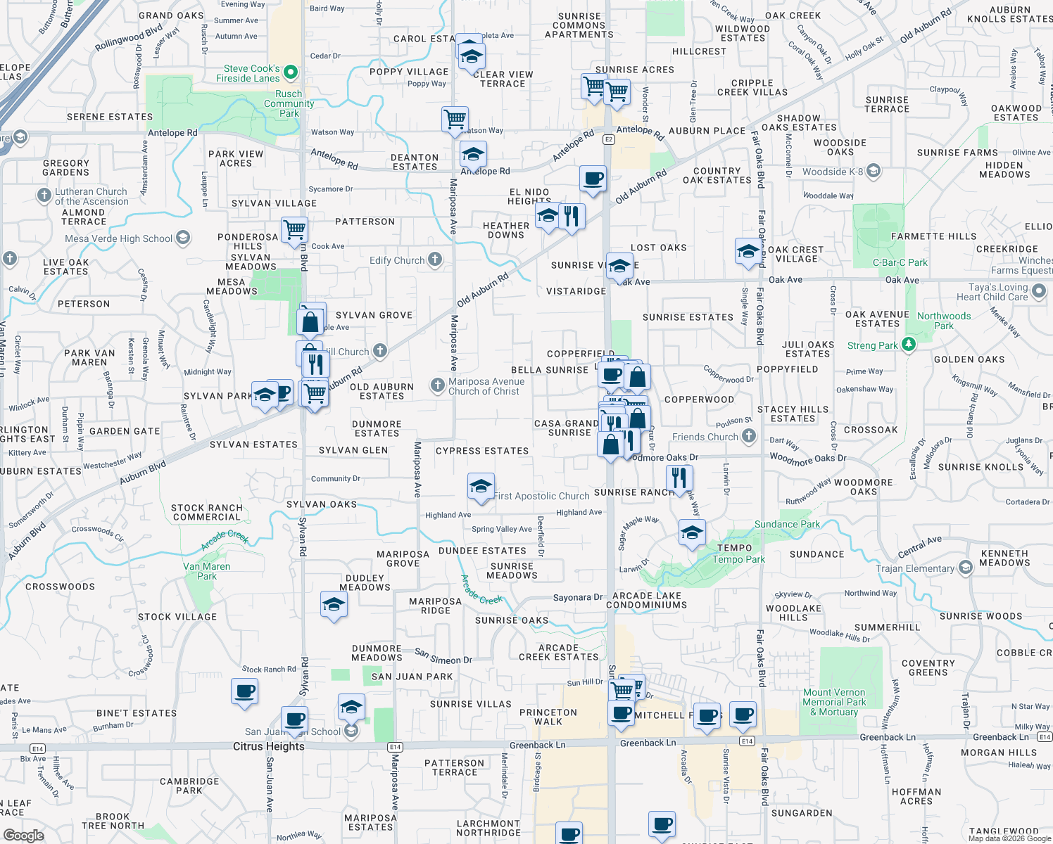 map of restaurants, bars, coffee shops, grocery stores, and more near 7015 Larkspur Avenue in Citrus Heights