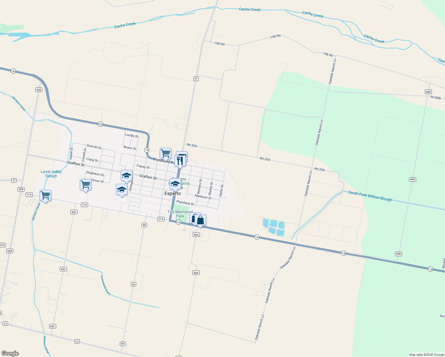 map of restaurants, bars, coffee shops, grocery stores, and more near 16876 Alpha Street in Esparto