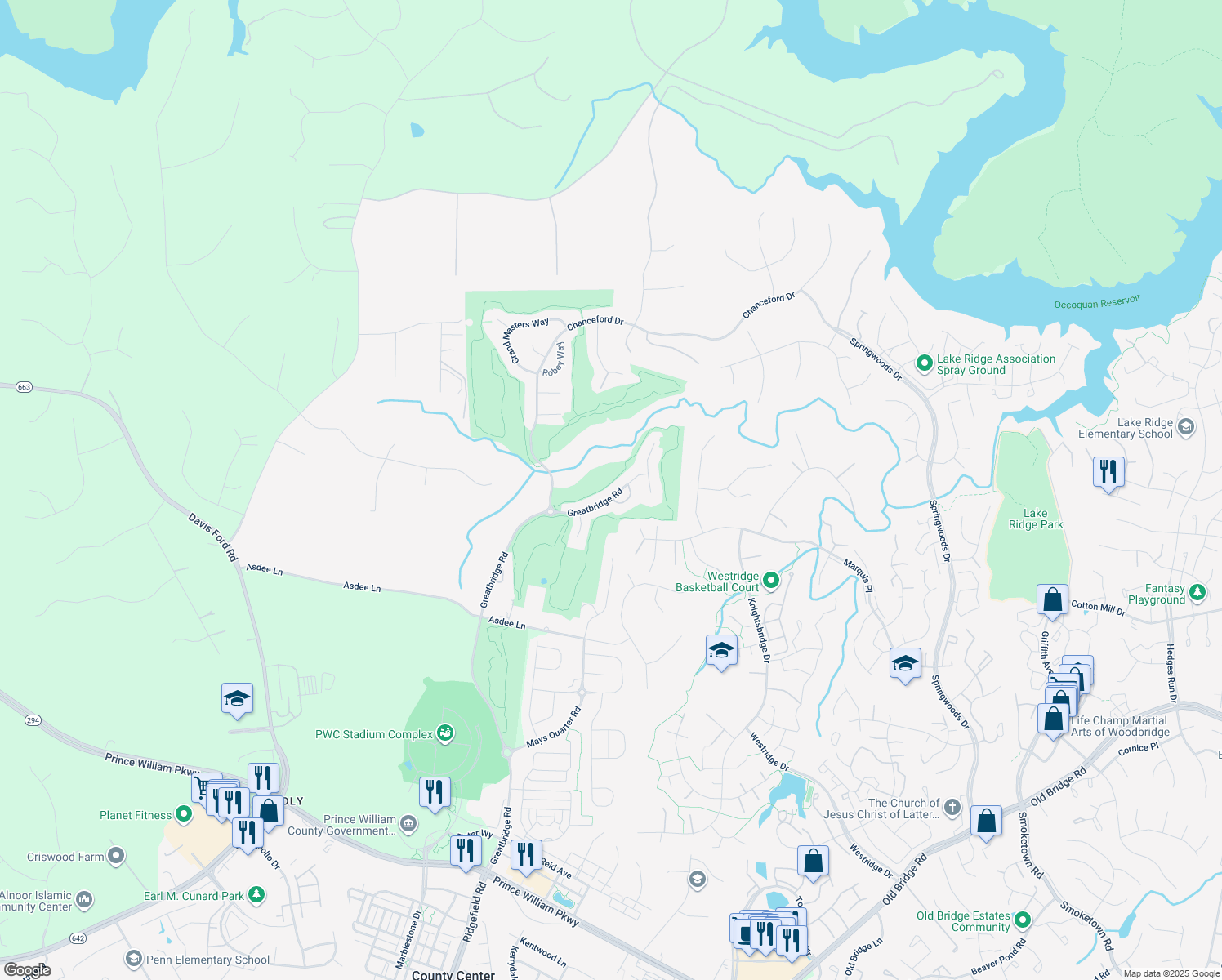 map of restaurants, bars, coffee shops, grocery stores, and more near 12054 Greatbridge Road in Woodbridge
