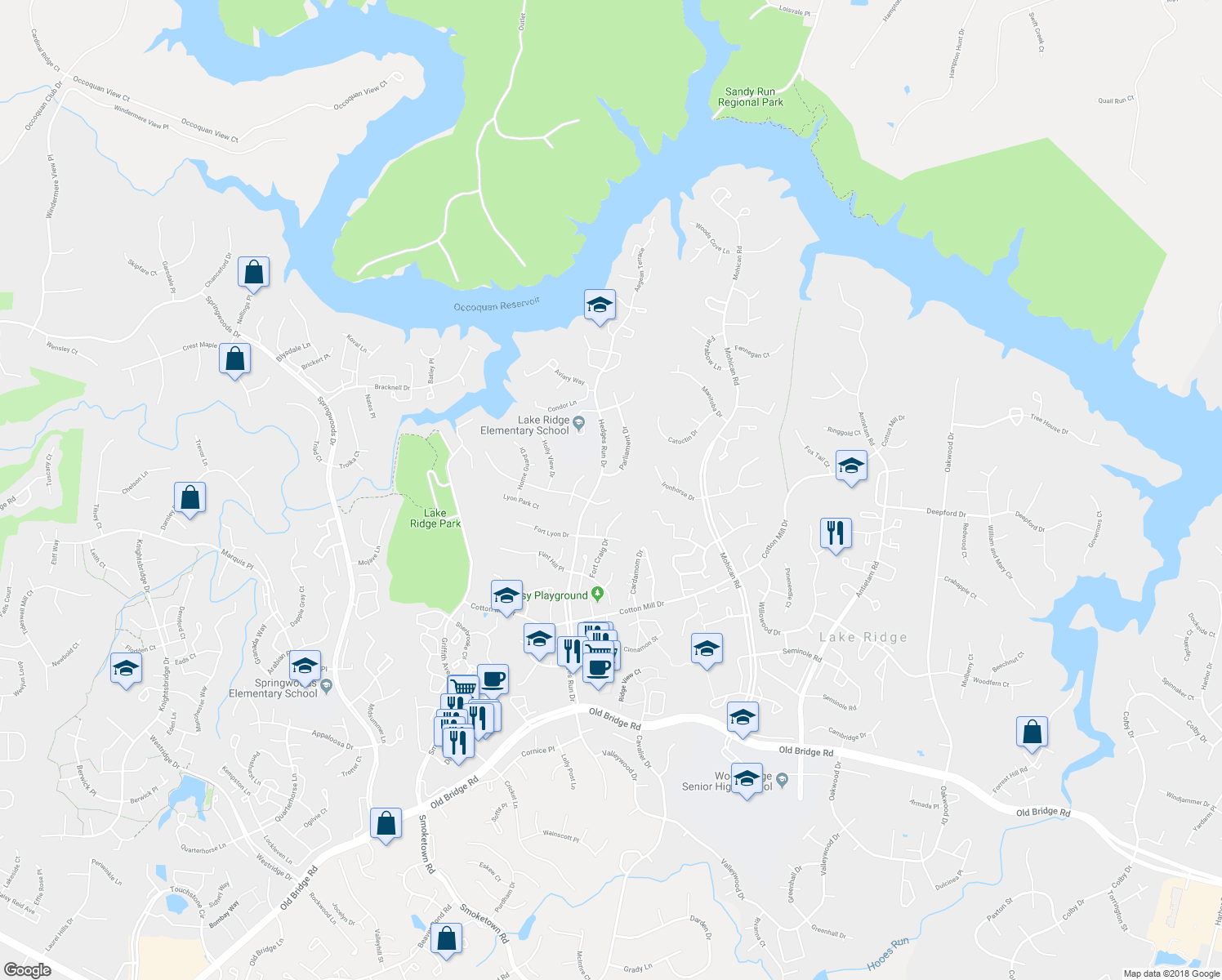 map of restaurants, bars, coffee shops, grocery stores, and more near 3442 Mount Burnside Way in Woodbridge