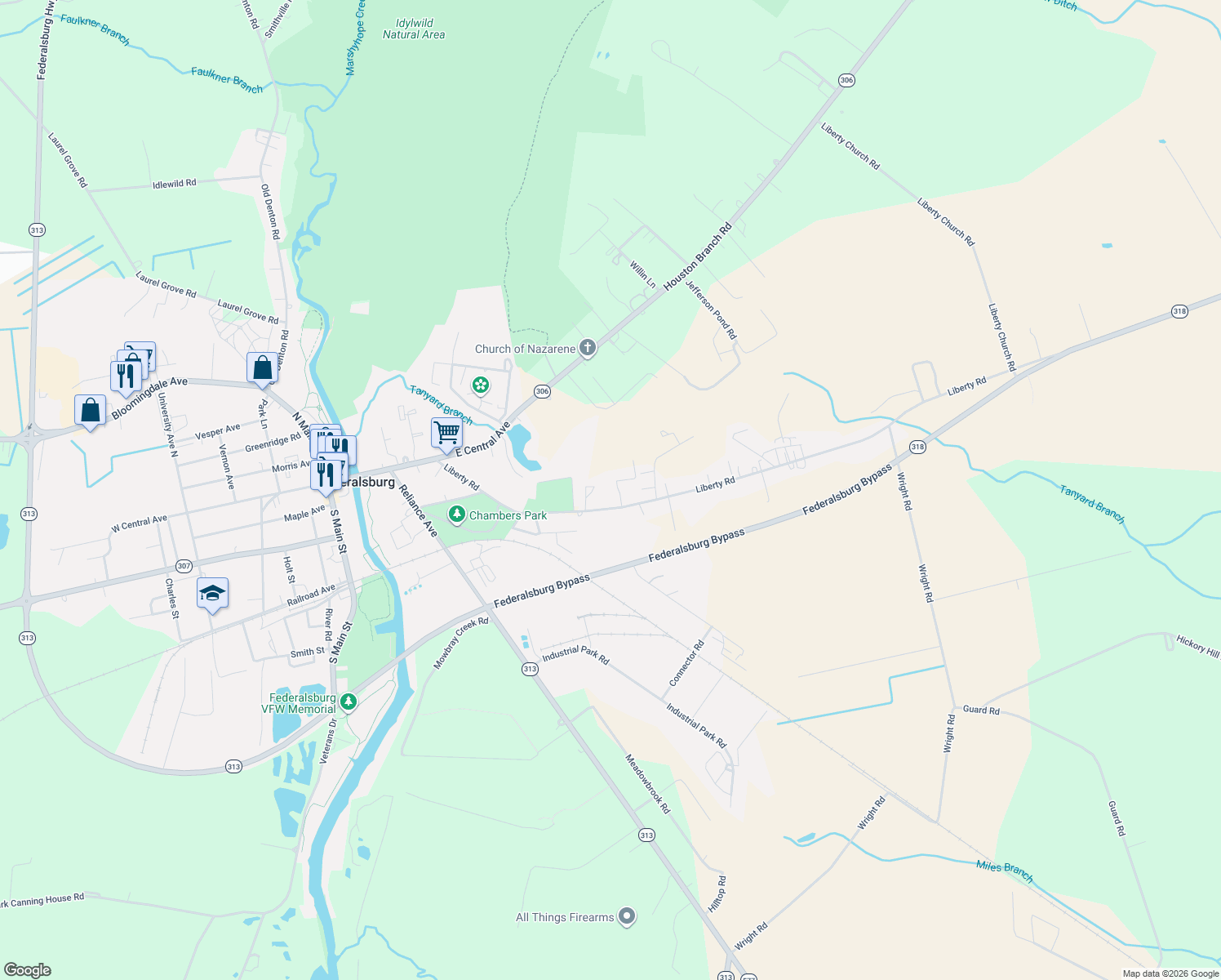 map of restaurants, bars, coffee shops, grocery stores, and more near 320 Liberty Rd in Federalsburg