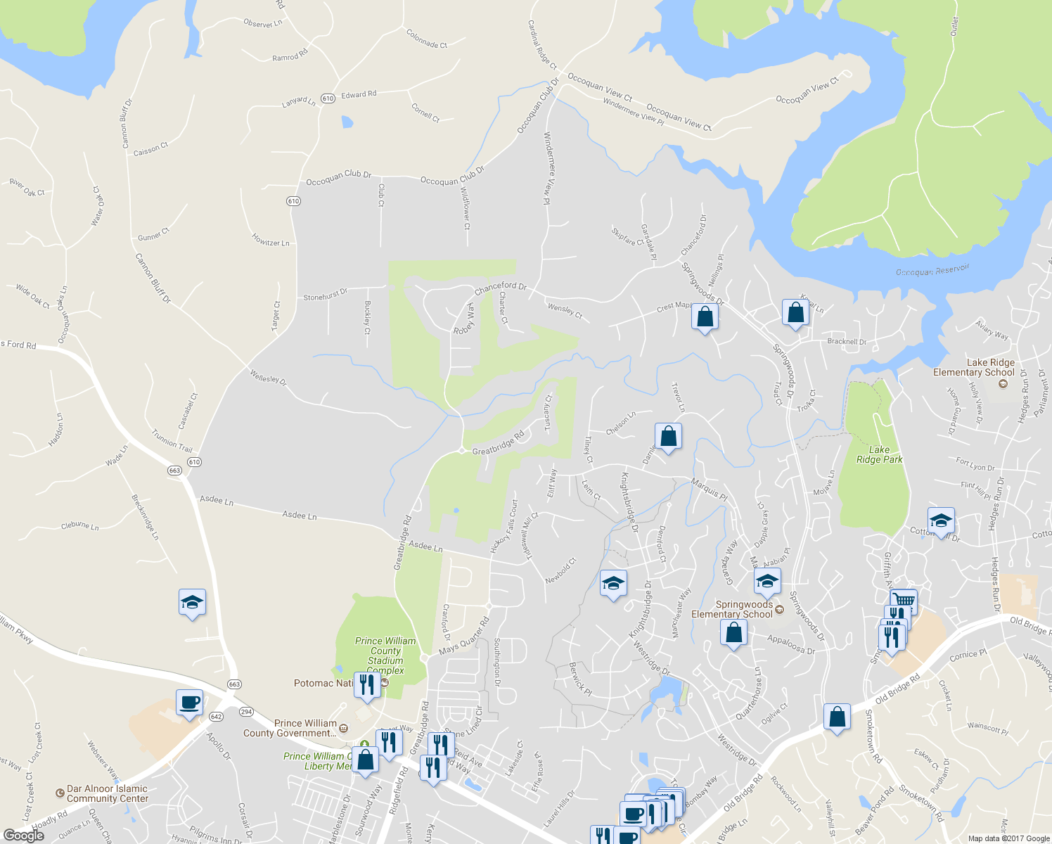 map of restaurants, bars, coffee shops, grocery stores, and more near 12038 Greatbridge Road in Woodbridge