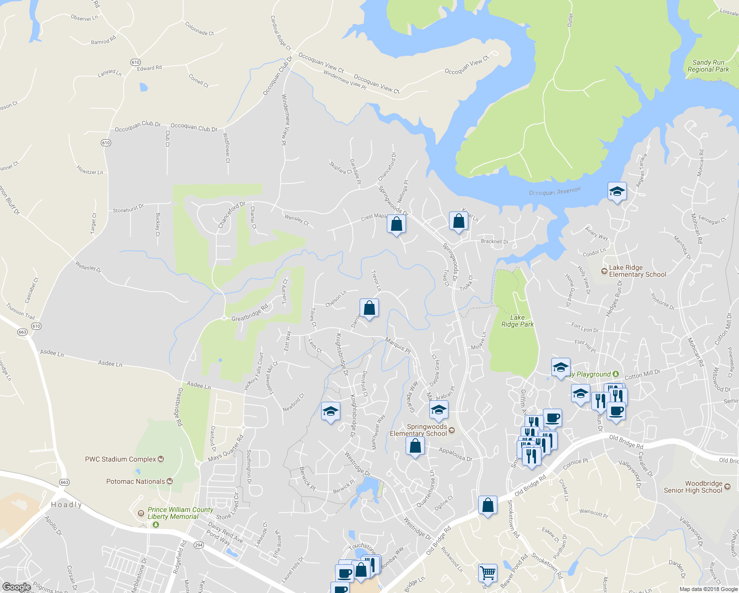 map of restaurants, bars, coffee shops, grocery stores, and more near 12148 Darnley Road in Woodbridge