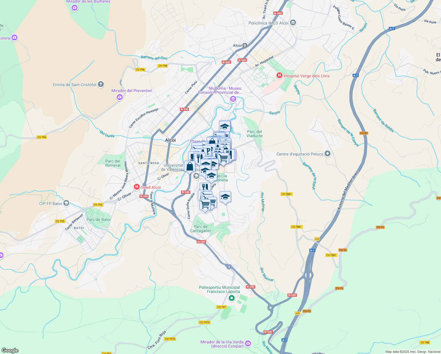 map of restaurants, bars, coffee shops, grocery stores, and more near 7 Carrer Sant Mateu in Alcoi