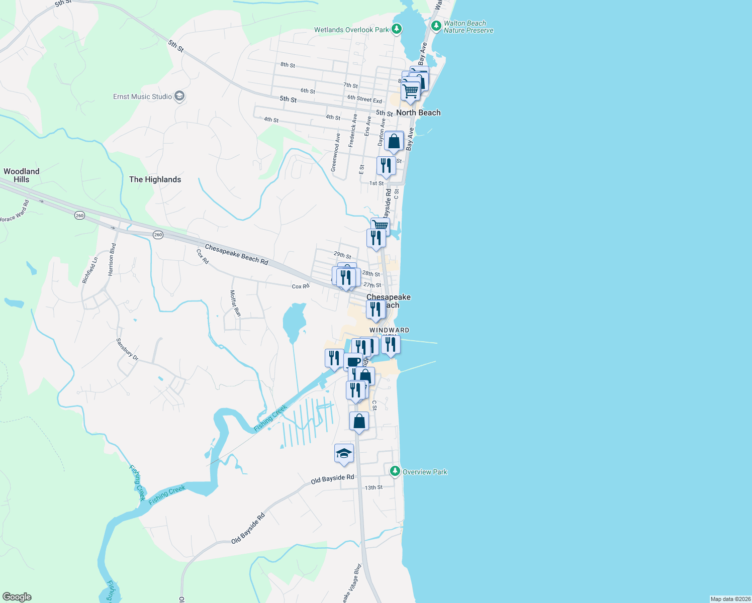 map of restaurants, bars, coffee shops, grocery stores, and more near 3909 Chesapeake Beach Rd in Chesapeake Beach