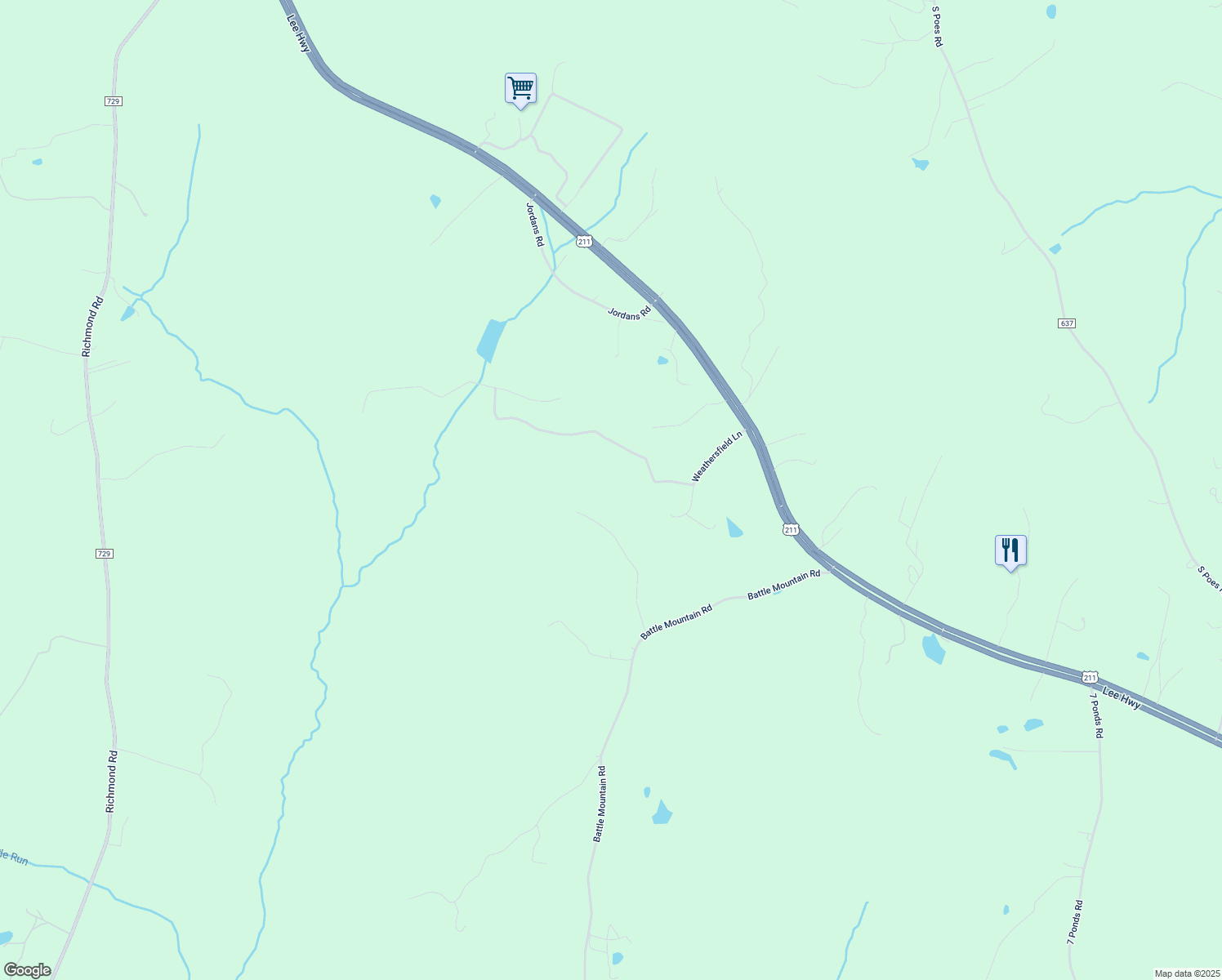 map of restaurants, bars, coffee shops, grocery stores, and more near 53 Weathersfield Lane in Amissville
