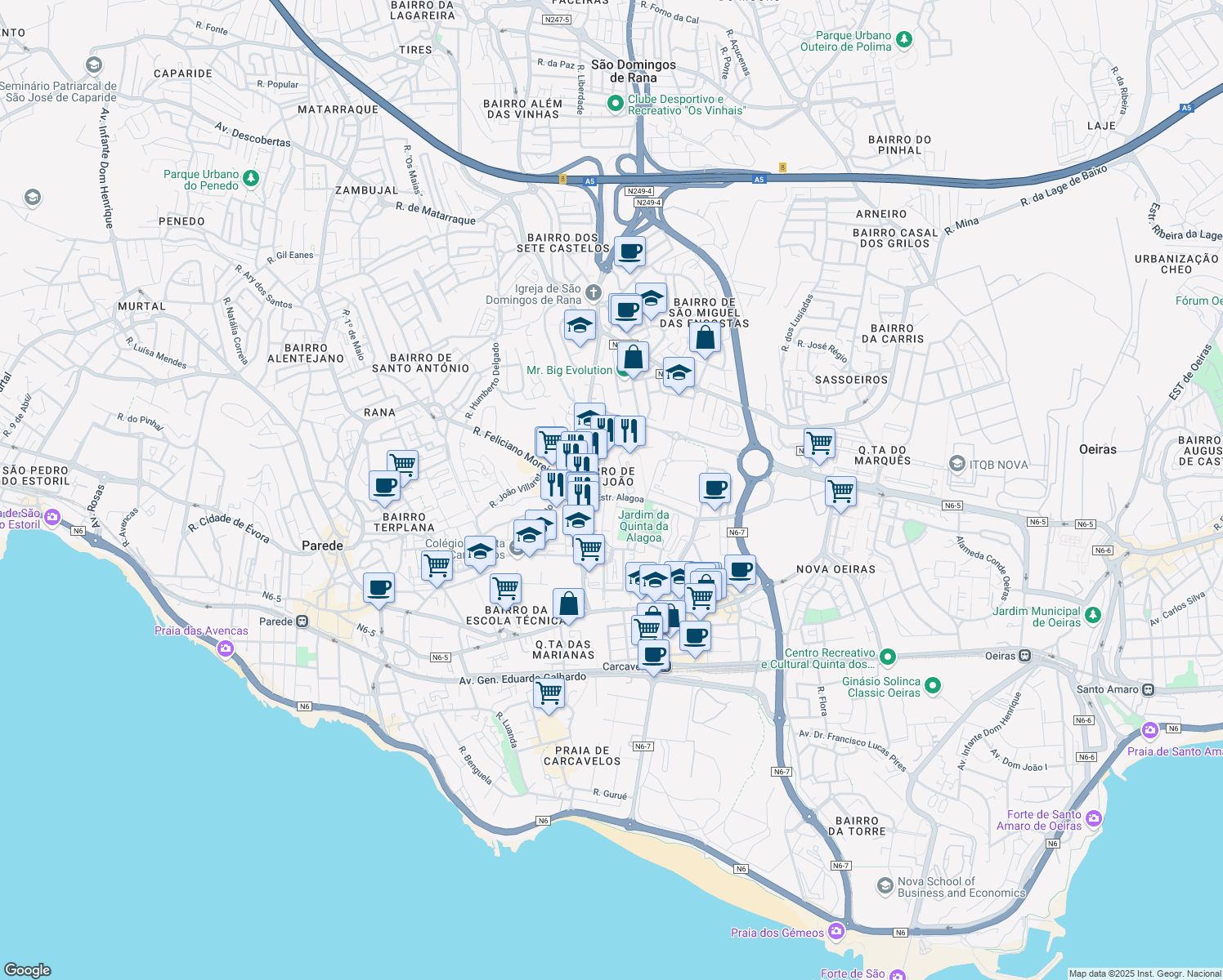map of restaurants, bars, coffee shops, grocery stores, and more near 31 Rua Lisboa in Carcavelos