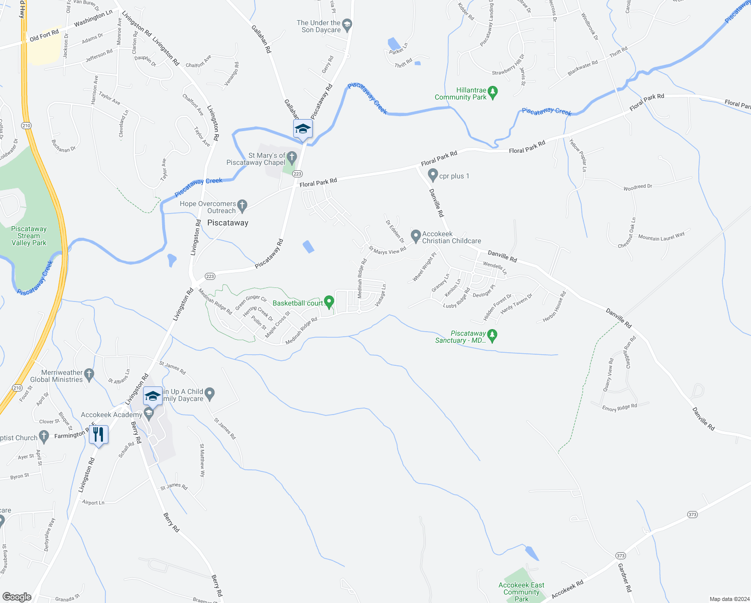 map of restaurants, bars, coffee shops, grocery stores, and more near 14111 Vintage Lane in Accokeek