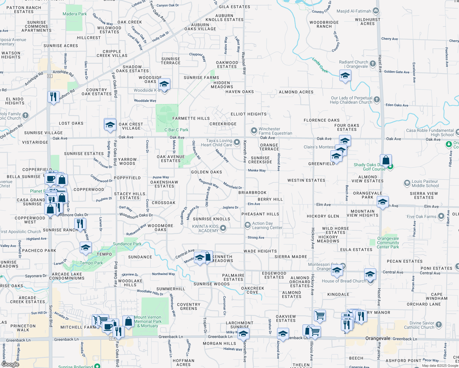 map of restaurants, bars, coffee shops, grocery stores, and more near 8453 Mansfield Drive in Citrus Heights