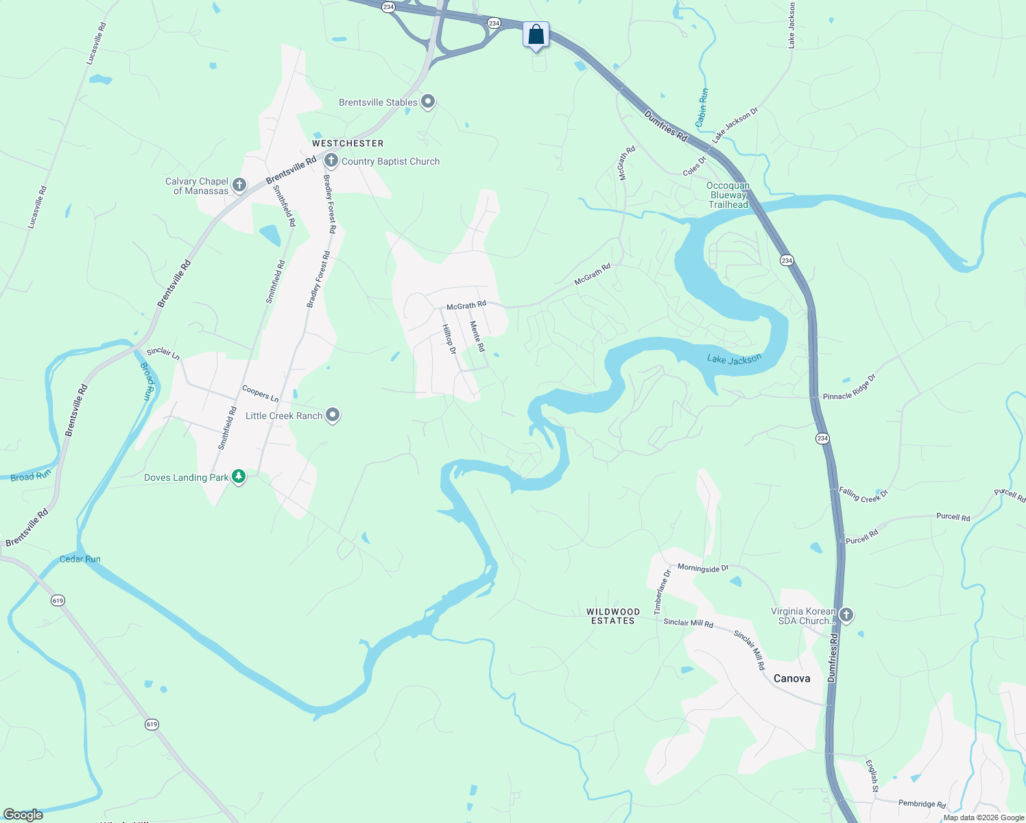 map of restaurants, bars, coffee shops, grocery stores, and more near 11977 Eureka Street in Manassas