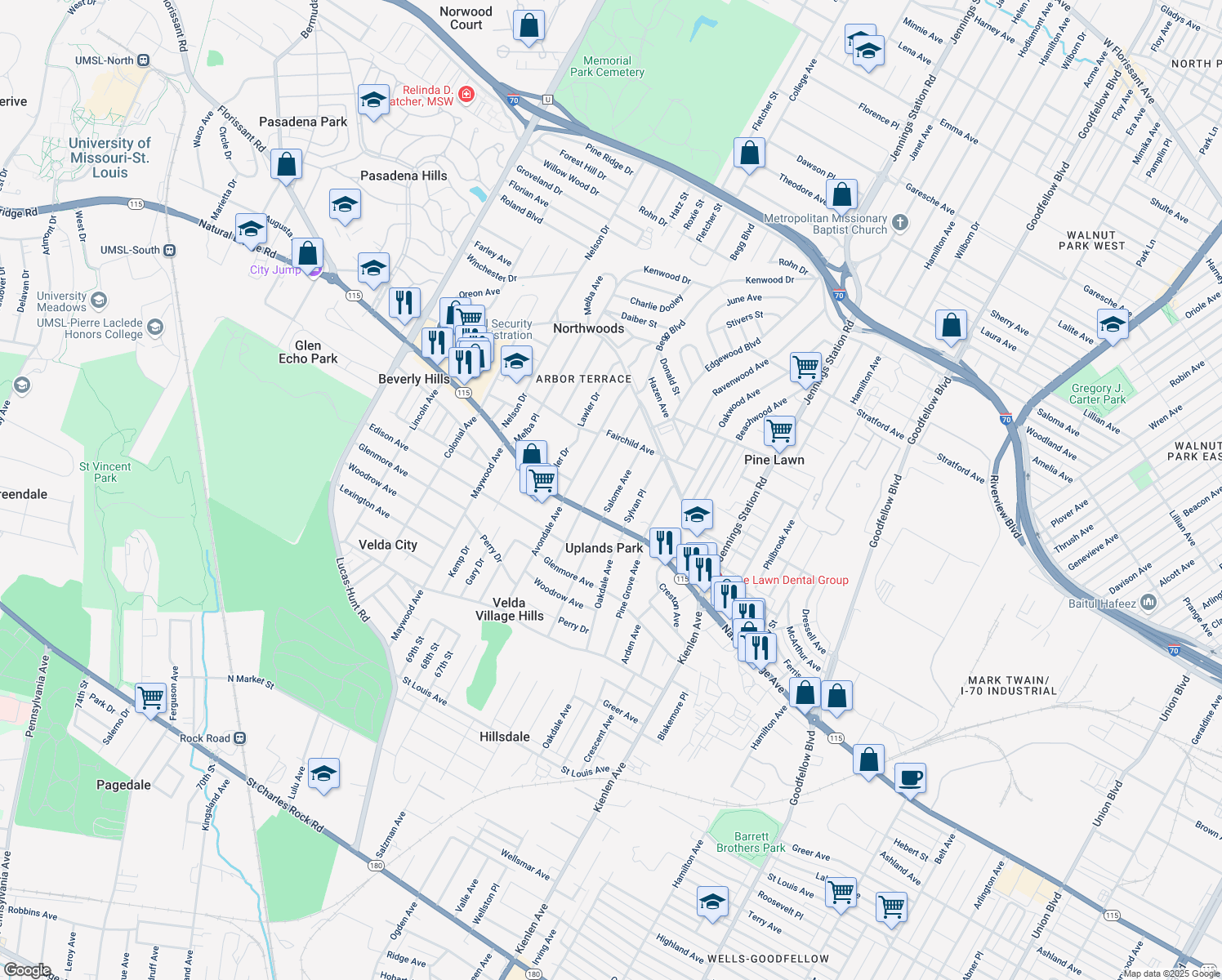 map of restaurants, bars, coffee shops, grocery stores, and more near 3717 Salome Avenue in St. Louis